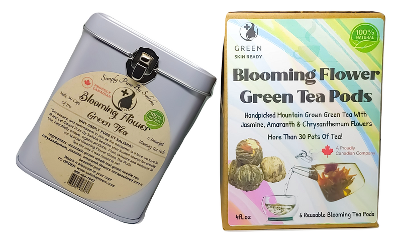 blooming tea white pouch, 30 pots of tea, 100% Canadian, Jasmine, amaranth and chrysanthemum with green tea 